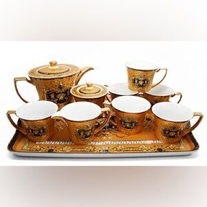 Royal Porcelain 10-Piece Yellow Dining Tea Set for 6; 24K Gold-plated